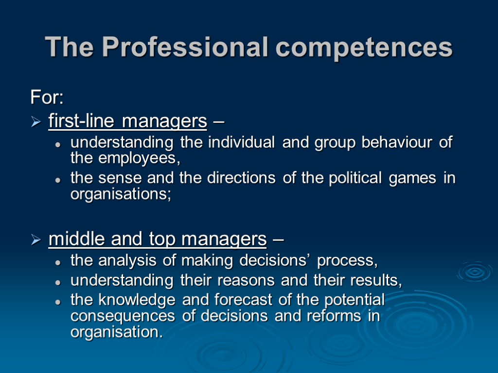The Professional competences For: first-line managers – understanding the individual and group behaviour of